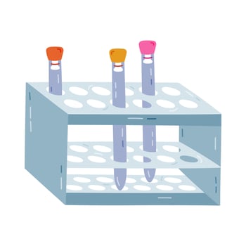 Cute cartoon test tube stand with glassware with cork for chemical and medical experiment. Glass tube in stand for research lab, biology analysis. Hand drawn science tool isolated on white. vector