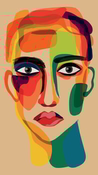 a woman with colorful hair and a colorful face is shown. vector