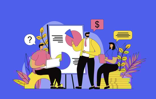 Business training concept with modern flat design for web. Colleagues listening to coach at business meeting, improving and learning professional skills for career development. illustration. vector