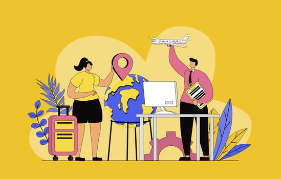 Travel agency concept with modern flat design for web. Woman traveler consulting with tour operator, choosing journey direction for vacation trip and ordering flight tickets. illustration. vector