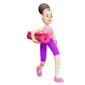 3D Cartoon Girl Doing Yoga. A Female Cartoon Character Carrying a Pink Yoga Mat. png