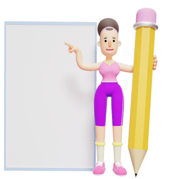 3D Cartoon Yoga Pack. Female Character with Whiteboard and Large Pencil. Girl png