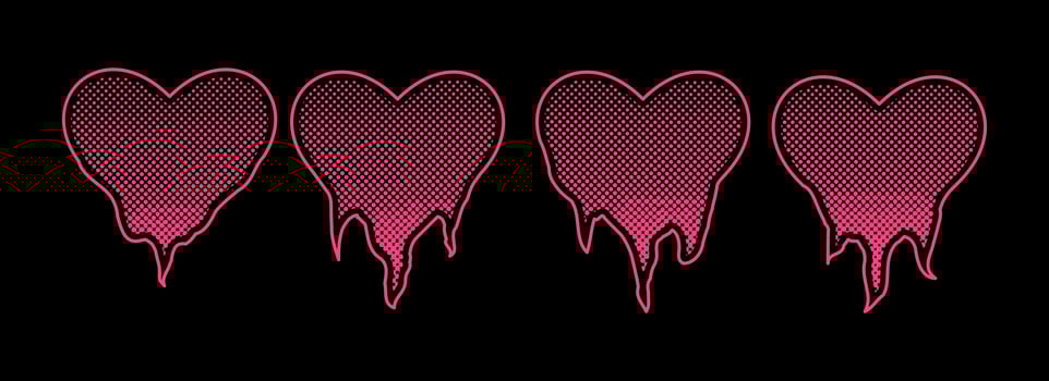Set of melting love, heart with halftone effect. Black dots and pop art texture. Retro illustration vector