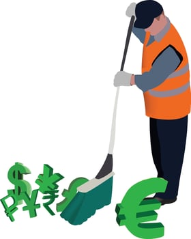 Street sweeper sweeping away world currency symbols vector