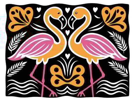 two flamingos are standing with nature. vector