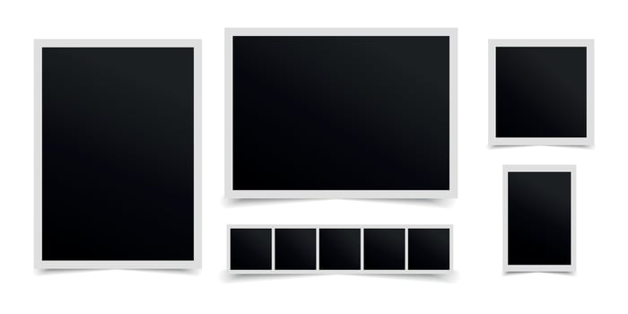 Retro photo frames set in different shapes isolated on white background. Blank instant photo with shadows vector