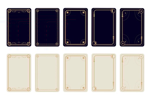 Esoteric magical Tarot cards templates in dark and white colors. Frame border with celestial elements, crescents, stars vector