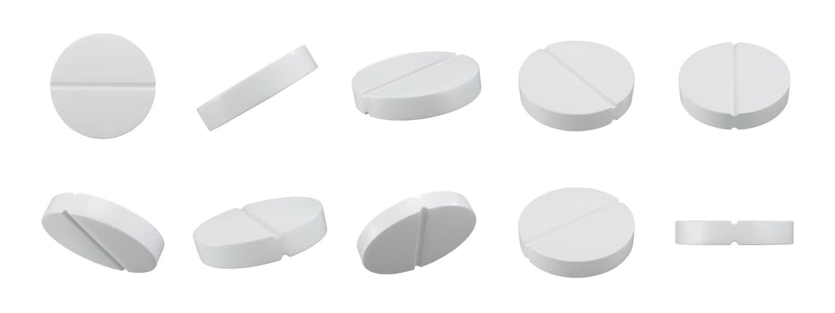 Medicine 3D tablets. White pills, pharmaceutical medication and round tablet in various angles for pharmacy, medicine and healthcare design isolated set. vector