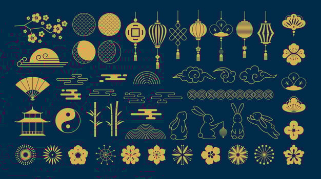 Chinese mid autumn festival ornaments. Traditional Asian lanterns, cherry blossoms and lotus flowers, bamboo, rabbits and clouds symbols. Decorations set. Chinese new year festive patterns vector
