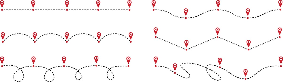 Roadmap path. Timeline dashed line, way route chart and road steps with pin points for customer journey business infographic design. Success process diagram set. Pathway and options for report vector