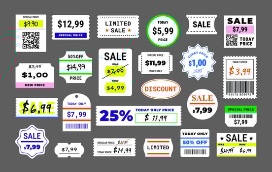 Price stickers. Sale price tags and discount labels, promotional stickers and special offer badges templates for marketing advertising set. Discounts vintage free shop retail sticker mockup vector