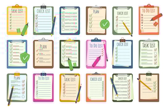 Planning clipboards. Task checklists and To Do lists with pen, pencil or markers. Productivity plan list, interview checklist and work progress boards cartoon illustration set vector