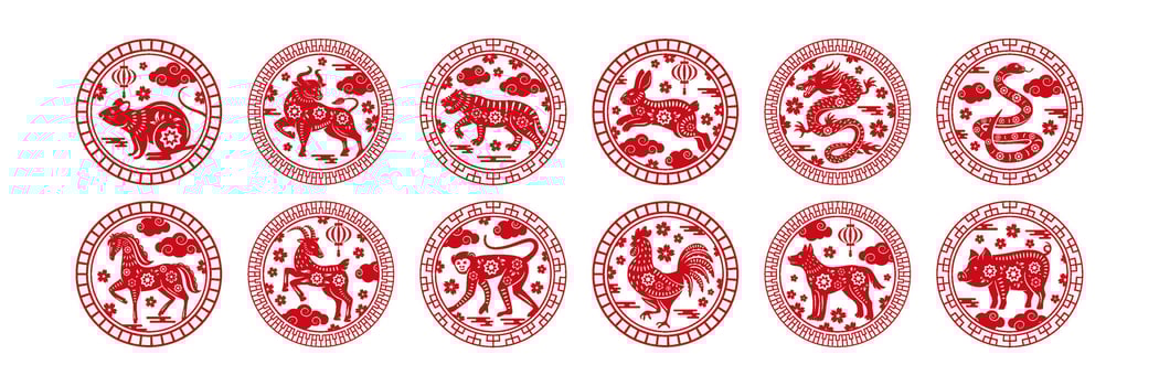 Chinese zodiac circle stamp. Animal of year circular emblem with floral pattern, decorative borders and traditional Asian ornaments. Animals of twelve zodiac signs illustration set vector