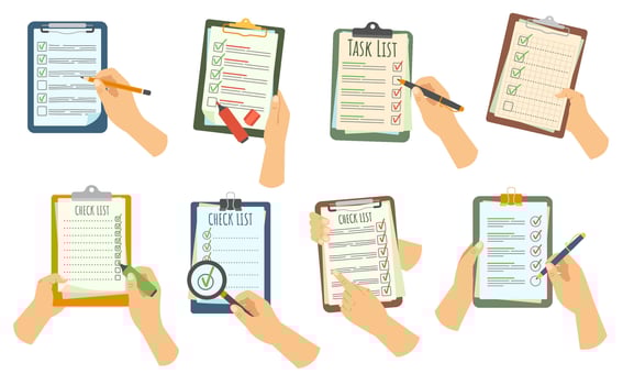 Hand holding checklist on clipboard. Task inspection or requirements lists with tick mark in checkbox. Check marks on agenda list, tasks marked done and survey or testing papers cartoon set vector