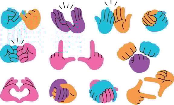 Hands holding together. High five, applause clap and fist bump, couple handshake, two hands frame cropping and heart shaped gestures set vector