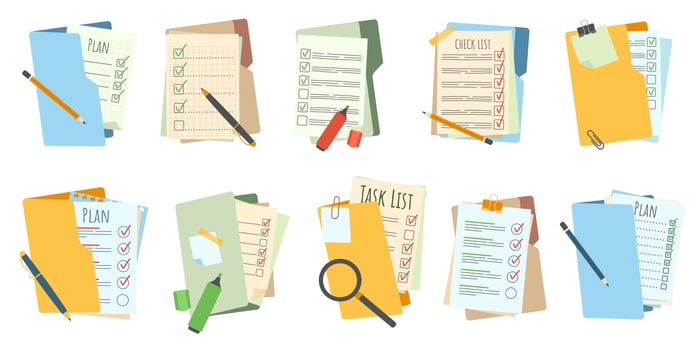 Documents folders. Plan checklists, organized task lists and office planning documents in folder. Survey papers and quiz form illustration set vector
