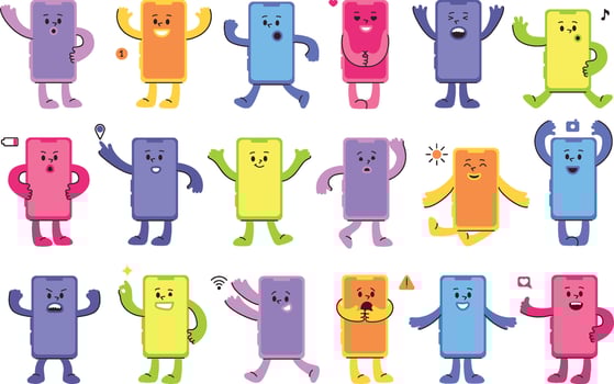Cute cartoon mobile phone mascots. Smartphone characters with various facial expressions and action poses. Playful colorful phones illustrations set vector