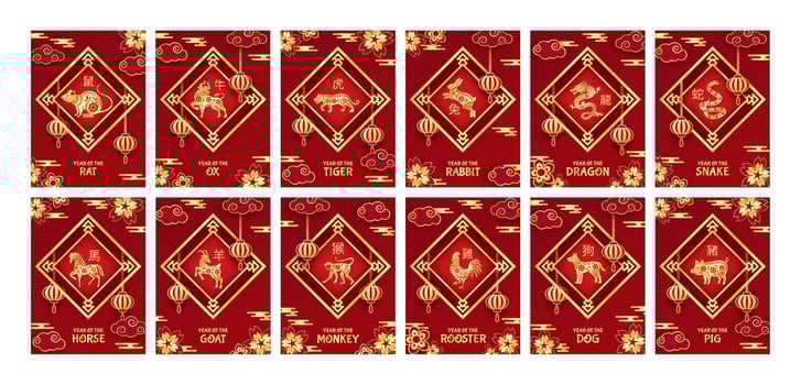 Chinese new year greeting cards. Twelve zodiac animals posters for year of Rat, Ox, Tiger, Rabbit, Dragon, Snake, Horse, Goat, Monkey, Rooster, Dog and Pig golden illustrations set vector