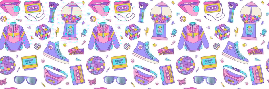 Seamless pattern colorful elements 80s 90s. Disco ball, sunglasses and bubble gum, cassette. background, print, wallpaper vector