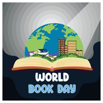 World book day 23 april. Stack of colorful books with open book on teal background. Flat modern illustration vector