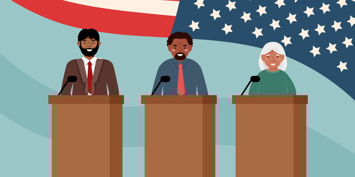 Political debates concept. The concept of elections. The concept of voting. Candidates for voting. Speakers speaking behind the podium. vector