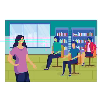 Portrait of smiling female teacher standing with hand on hip amidst students in classroom. flat modern illustration vector