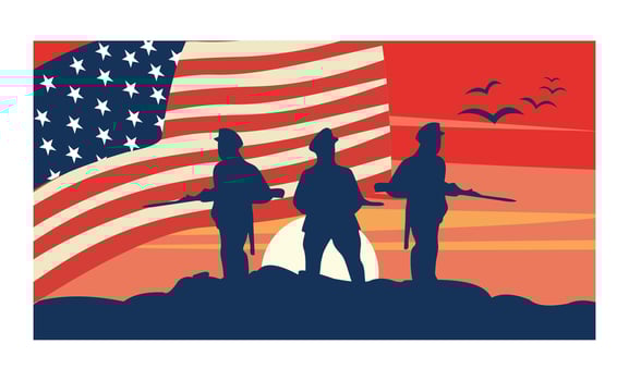 Silhouette of soldier with US flag. Veterans Day, Memorial Day, Independence Day. Flat illustration. vector