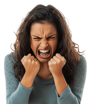 Woman expressing intense frustration in studio, cut out - stock . png