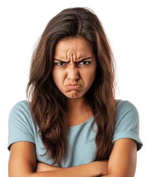 Young woman displaying anger with folded arms, cut out - stock . png
