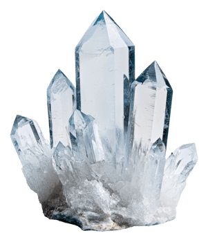 Clear quartz crystal cluster on a white surface, cut out - stock . png