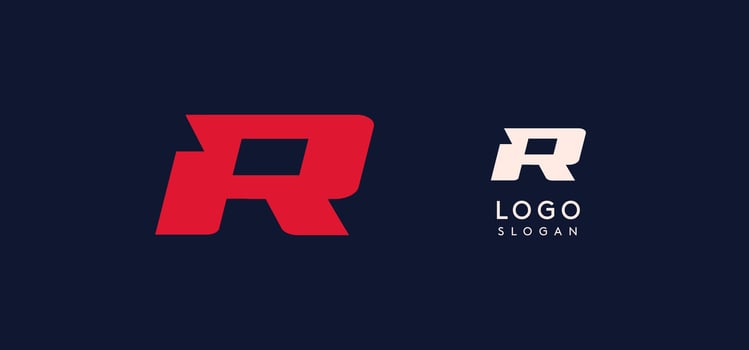 Wide bold red letter R, modern dynamic logo for business identity of technological, automotive and sports business. illustration. vector