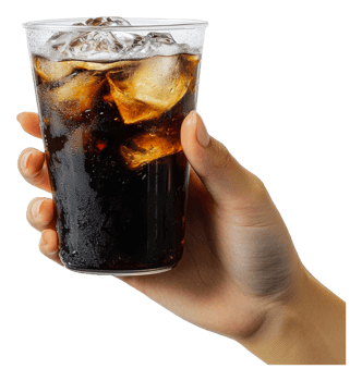 Hand holding a glass of cold soda with ice, cut out - stock . png