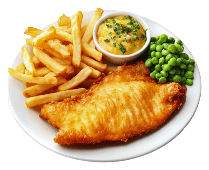 Crispy fish fillet with fries and peas served, cut out - stock . png