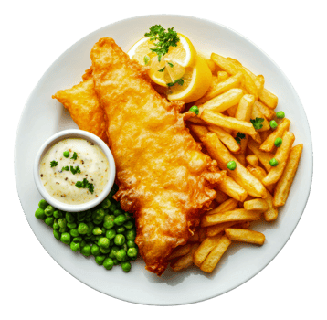 Crispy fish and chips with peas and lemon wedges, cut out - stock . png