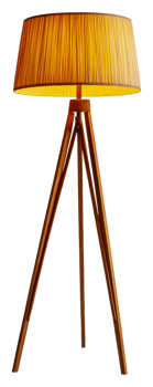 Stylish wooden tripod floor lamp with yellow shade, cut out - stock . png