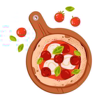 Italian pizza with pepperoni and mozzarella on a wooden tray. Flat illustration isolated on white background vector