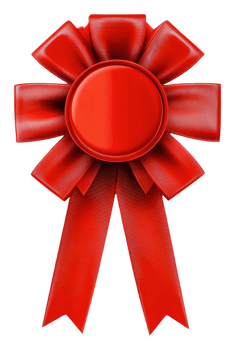 Red ribbon award with bow design, cut out - stock . png
