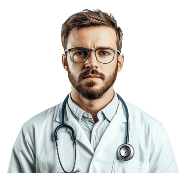 Doctor in a white coat with a stethoscope indoors, cut out - stock . png
