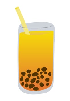Bubble orange tea with tapioca pearls in glass with straw in flat style. Summer vacation illustration isolated on white background. Good for decoration, stickers and logo vector