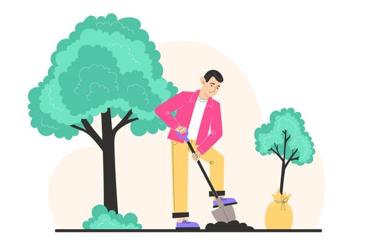 A young man digs the ground with a shovel and plants a young tree vector