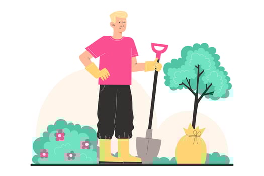 A young man in garden clothes plants a young tree vector