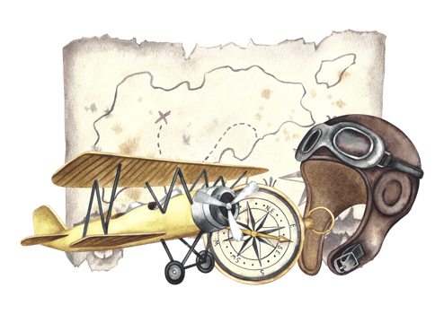 A vintage retro airplane, an old pilot's helmet, a compass and an antique map. The illustration is made by hand in watercolor. The composition is made in the retro flight style. png