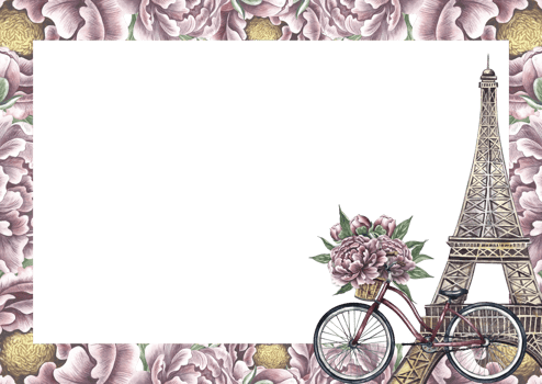 Vintage frame with Eiffel tower, retro bike and flowers. A hand-drawn watercolor illustration. A beautiful romantic postcard. Designed for flyers, banners and postcards. For posters, sticker, printing png