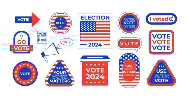 Vote 2024. Presidential Election 2024 in United States. Vote campaign buttons, badges and stickers. Call to action patriotic elements. USA flag. illustration isolated on white. vector