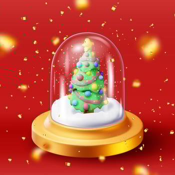 3D glass christmas snow globe with tree isolated. Render spere podium with fir tree vector