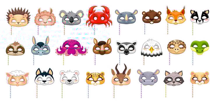 Cartoon carnival party animal masks on sticks vector