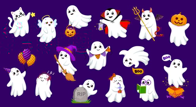 Cartoon kawaii Halloween ghosts characters set vector