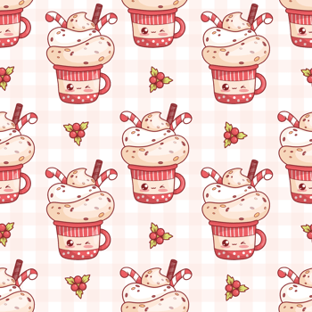 Seamless pattern with cute Christmas cup with cream dessert with striped candy on checkered background png