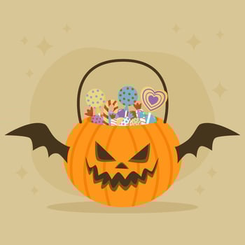 Winged Halloween pumpkin bucket with candy. Flat design. vector