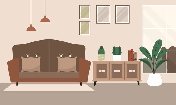 Flat Design Illustration Depicting a Living Room Interior with Various Furnishings and Decor Elements. vector